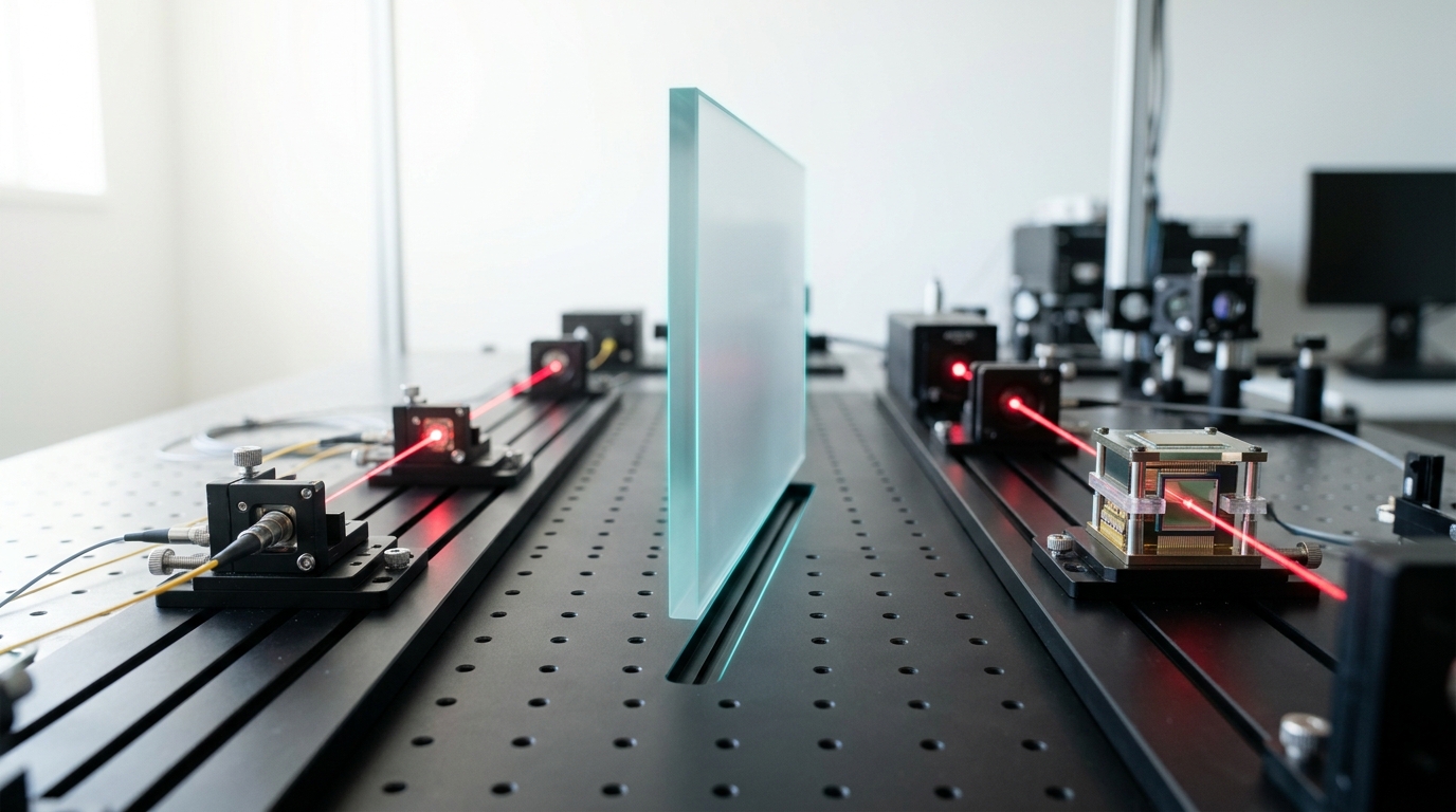 Two parallel optical benches in bright daylight, one showing a light beam simply connecting two chip mounts, the other showing a light beam passing through a distinct computing element, a clear physical divider between the two lanes caught being set into place