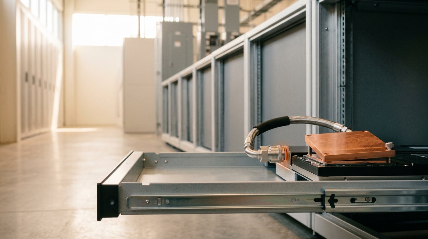 A machined cold plate lowered part-way onto an accelerator package with its quick-disconnect half-seated, while the long empty aisle behind it carries nothing