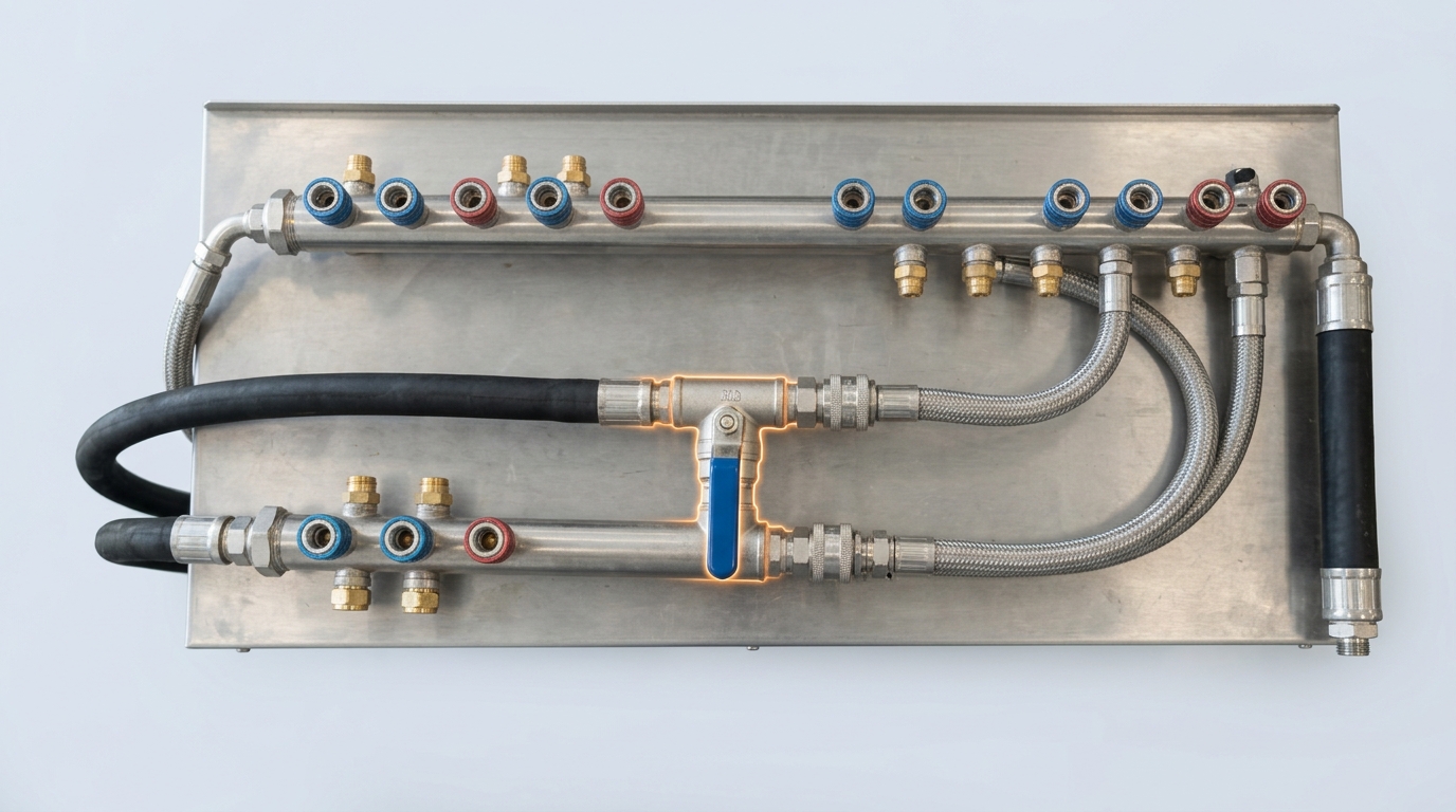 A coolant distribution unit's supply and return manifolds seen from above, a branch valve caught mid-turn with one loop running full and the other nearly dry
