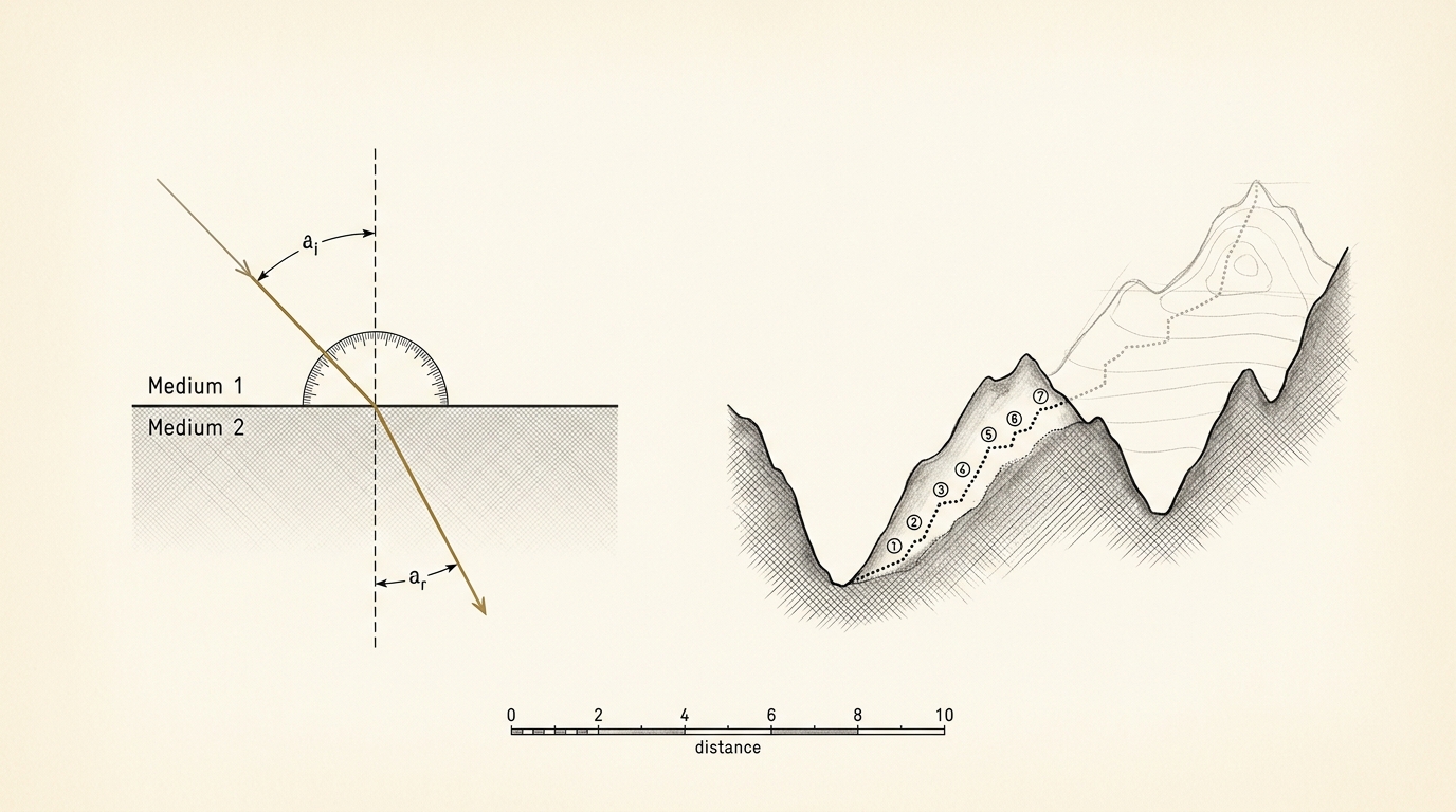 A sequence plate on drafting vellum showing a ball descending a brachistochrone curve at six successive stroboscopic positions, racing a straight-line chute drawn as a thin reference beside it, one position accented in bronze