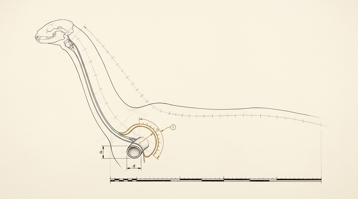 A measured record drawing of a recurrent laryngeal nerve's looping path down and back up a long schematic neck and thorax, dimensioned like a surveyed artefact, one loop accented in bronze