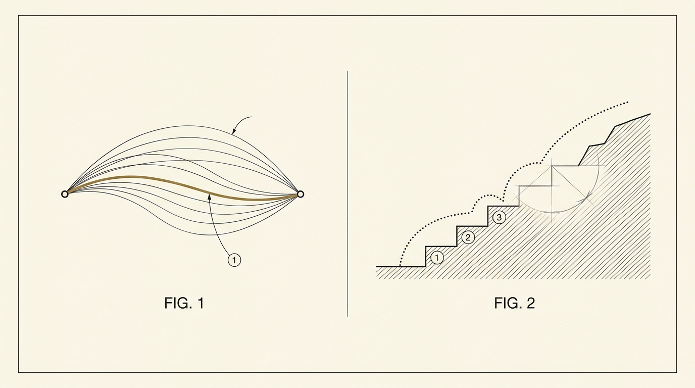 A sparse patent-style figure on vellum showing two numbered schematics side by side, a bundle of candidate paths between two fixed points with one path highlighted, and a stepped uphill climb on a contoured slope with one step highlighted