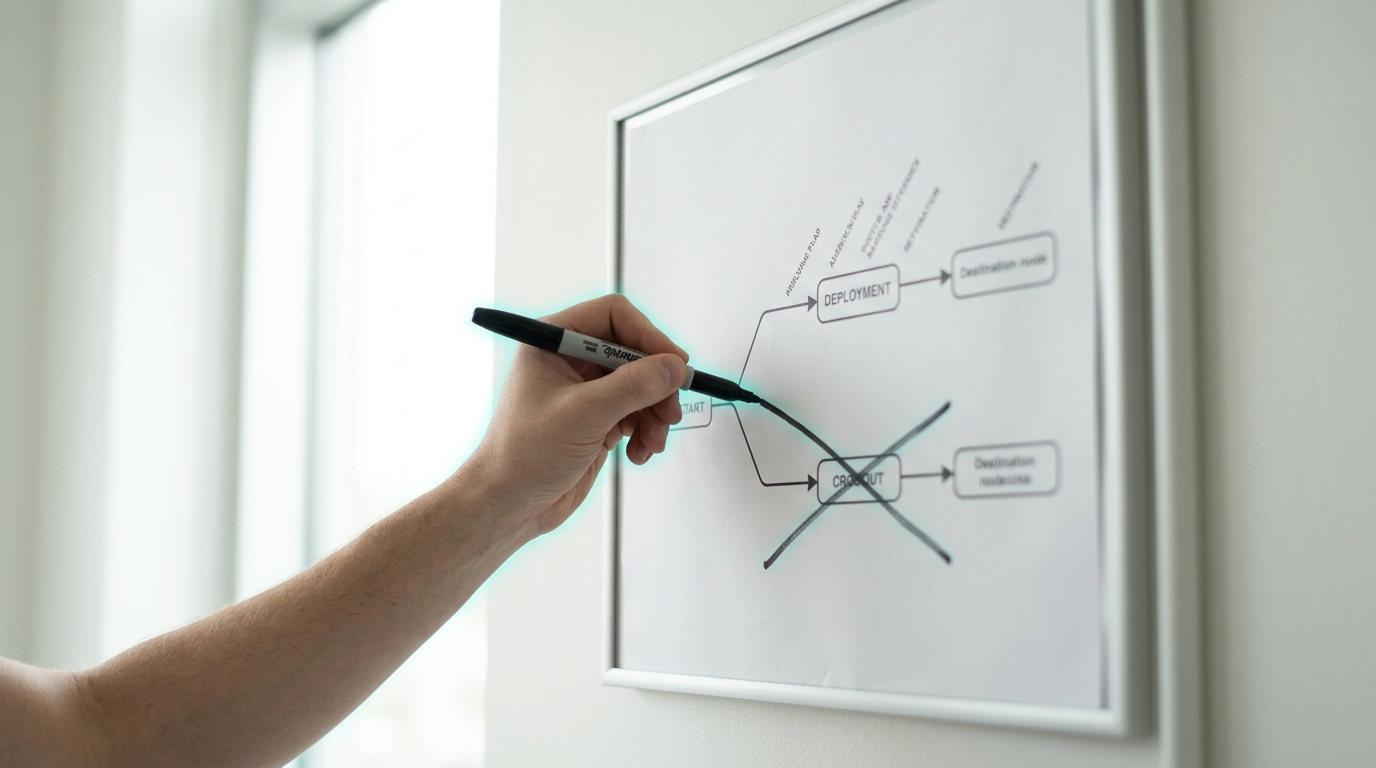 A workload-routing diagram pinned to a bright wall showing a single path leading to one labelled destination, with a second, unused path visibly crossed out, a marker caught mid-stroke completing the cross-out line