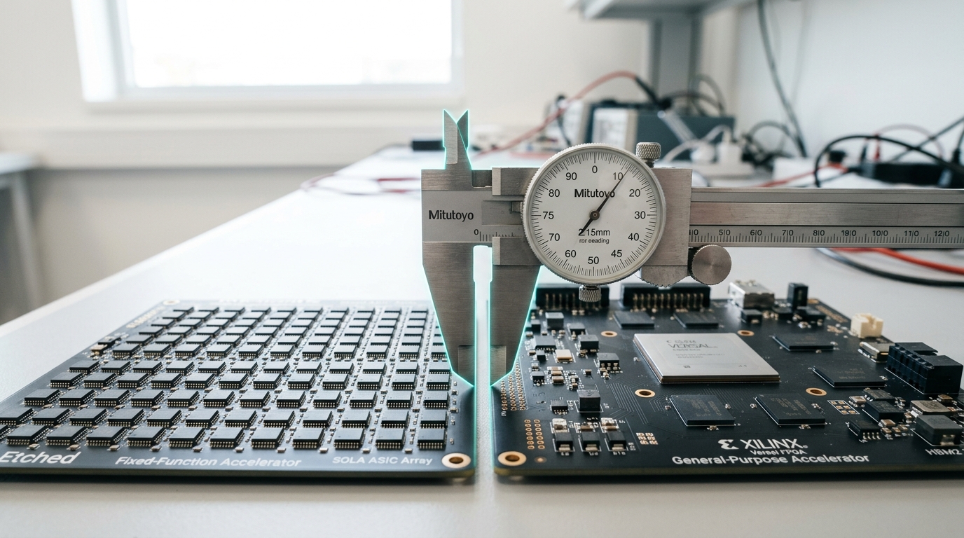 An inference-only accelerator board on a bright bench beside a larger, more complex general-purpose training-capable card, a caliper caught comparing their relative component density