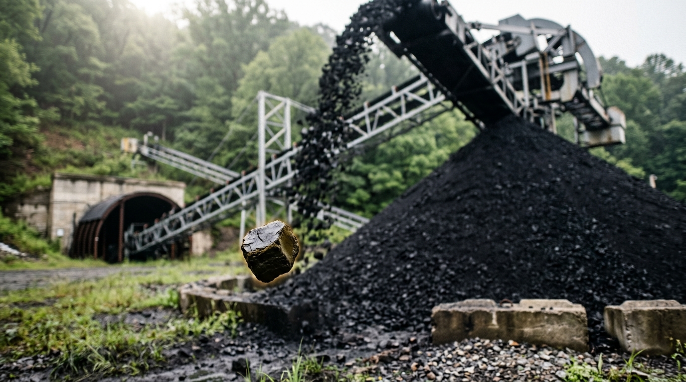 A single lump of coal caught in the air below the head pulley of a mine conveyor, with the growing black stockpile, the lattice trestle, the arched drift portal in the hillside and the wooded slope above it running away behind