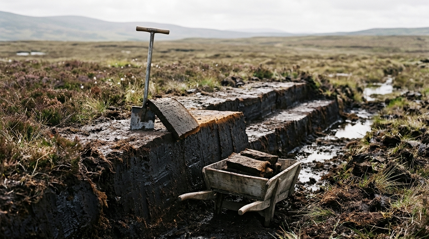 A peat bank cut back in clean steps on open moorland, its exposed face showing the full depth of the deposit, with a worn steel peat iron standing in the top step and one freshly cut turf balanced half off its blade above a weathered timber barrow