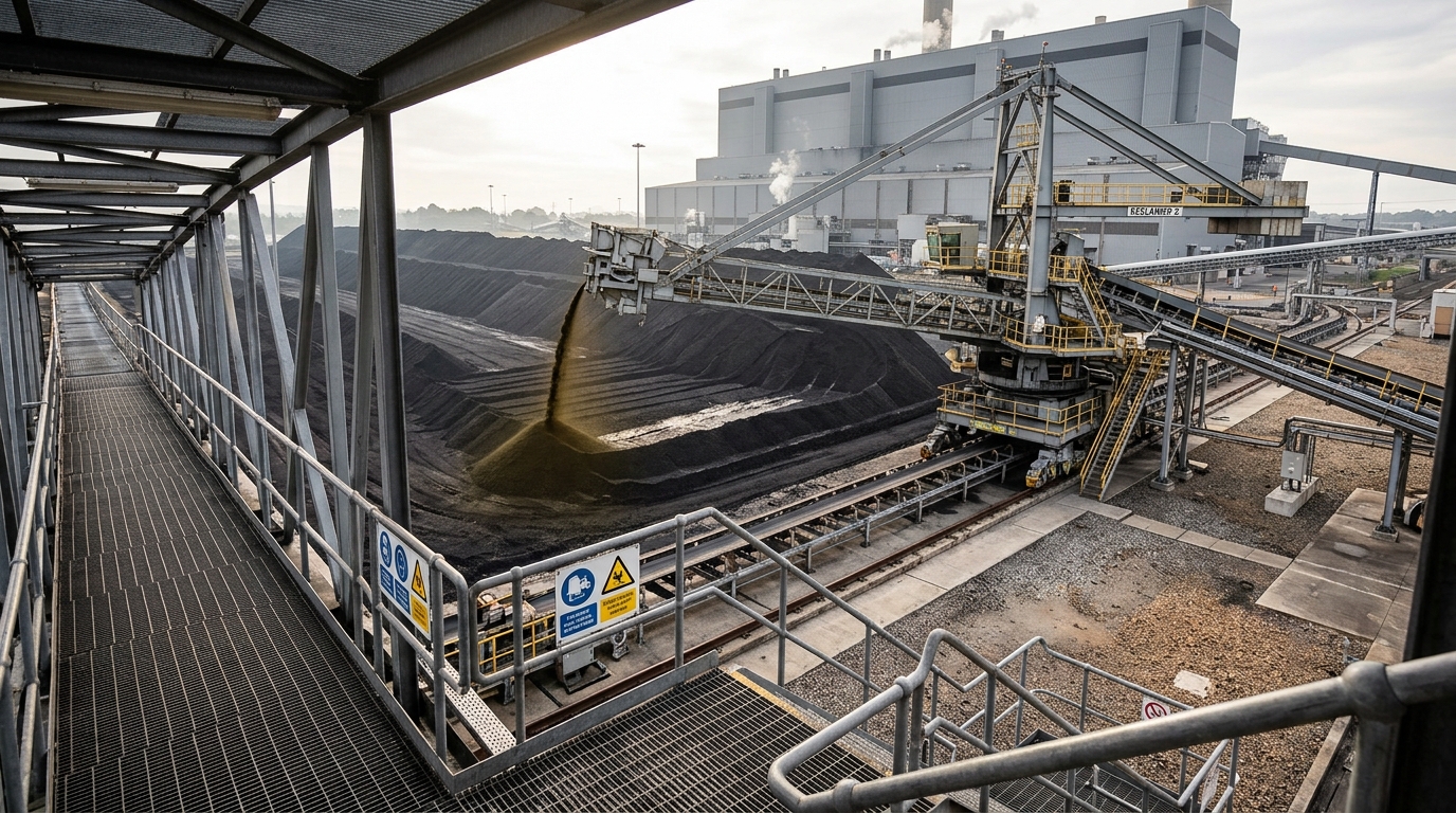 A power station coal stockyard seen from a walkway above, the rail-mounted reclaimer boom stopped part-way through its slew with coal still running off its discharge, and the covered conveyor gallery climbing to the boiler house behind