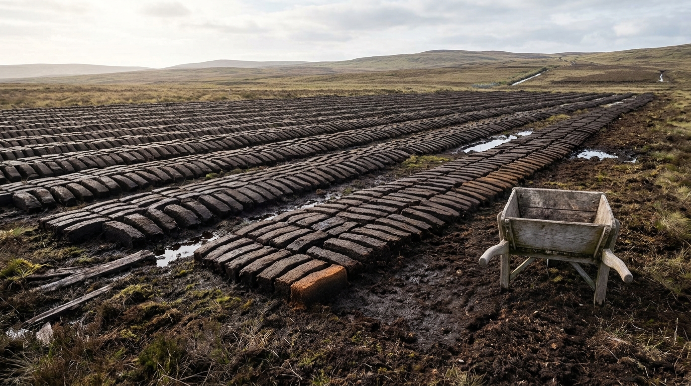 A wide peat drying ground of cut turves laid flat in long spaced rows across open heather, the nearest row broken off two thirds of the way along beside a half-emptied timber barrow, with small open rickles standing further off