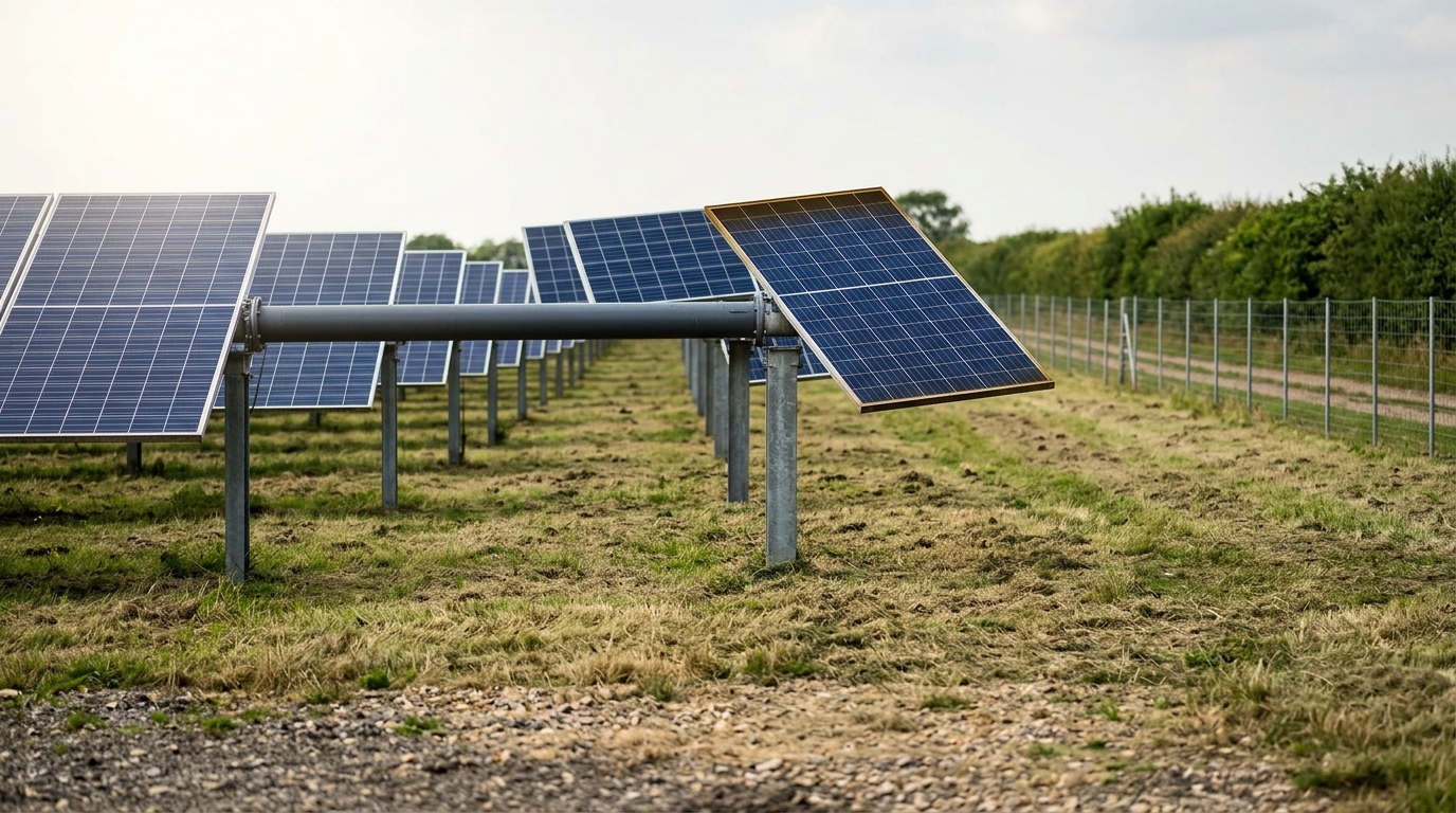 The last row of a utility solar array on single-axis trackers stopping at its perimeter fence, a broad unbuilt margin of rough grass running on to a farm track beyond, and the outer row caught mid-rotation out of line with the rows inside it