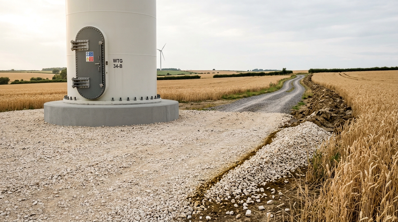 The base of a wind turbine tower on its crushed-stone hardstanding, the access road running away between fields, and the loose leading edge of a freshly spread windrow of stone still sliding into standing wheat