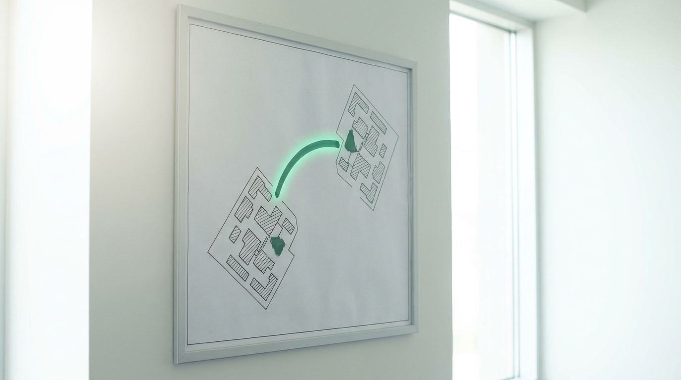 A single combined project timeline on a bright wall showing chip delivery and power delivery as two parallel tracks, the power track caught extending visibly further out than the chip track