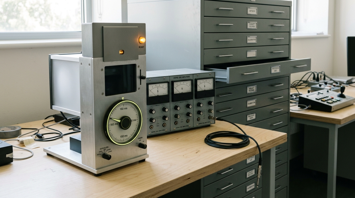 A brushed-aluminium tachistoscope on a lab bench with its exposure-duration dial part-turned and its indicator lamp lit but the projection window still dark, a rack of skin-conductance amplifiers and a wall of grey flat-file drawers receding behind it