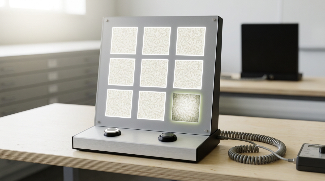 A visual-search response box with a backlit three-by-three grid of stimulus panels, the ninth panel mid-brightening as the discrepant target, paired reaction-time buttons on the bench edge in front