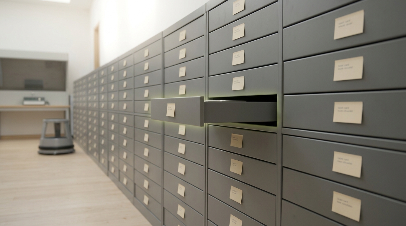 A long receding row of matte grey flat-file cabinet drawers in a research archive, one drawer near the centre caught an inch from fully closed and still sliding