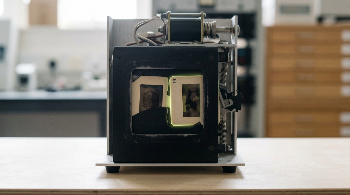 The projection gate of a tachistoscopic rapid-serial presentation unit with a slide carrier mid-advance, the outgoing and incoming paired slide mounts still overlapping in the shutter opening