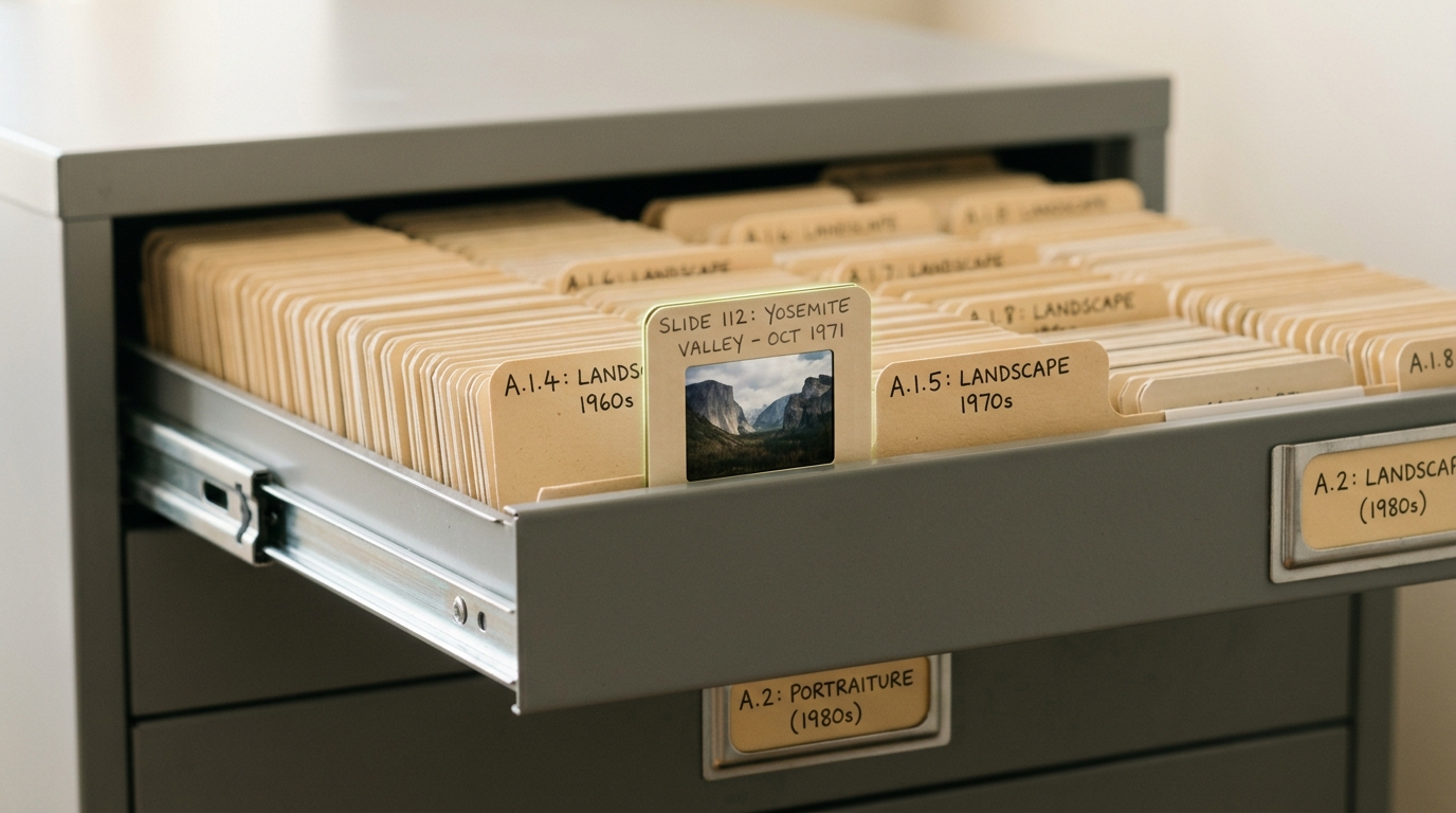 An open flat-file drawer of buff card slide mounts in a research archive, one mount pulled halfway from its sleeve and held at the join between two labelled divider tabs