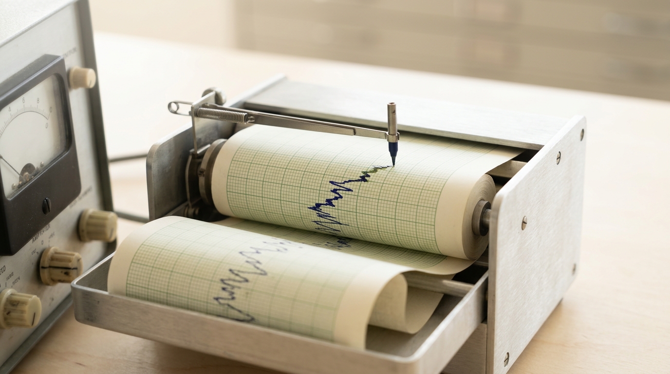 A strip-chart recorder's pen arm mid-stroke, drawing a jagged, still-wet, still-descending ink trace on a roll of grid paper fed from a skin-conductance amplifier