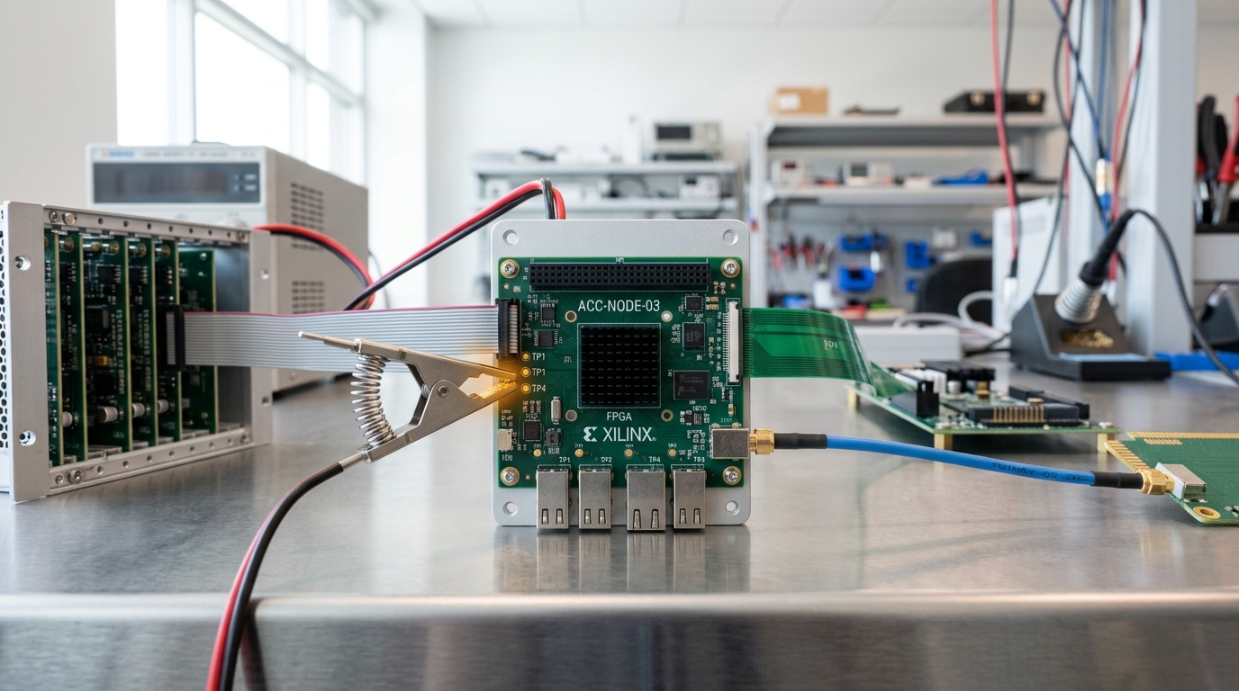 A single accelerator serving node on a bench with four different physical taps leading away from it toward four separate rigs — a clipped probe lead, a ribbon into a card cage, a lifted carrier board toward a second sled, and an interposer card in series on the bus — one tap's clip caught just closing while the other three already carry current