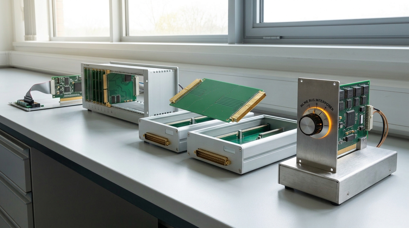 A long laboratory bench holding four distinct interpretability rigs side by side — a probing breakout header, a feature-encoder card cage, twin accelerator sleds linked by a lifted carrier board, and a steering interposer card — each caught active and unfinished at the same moment