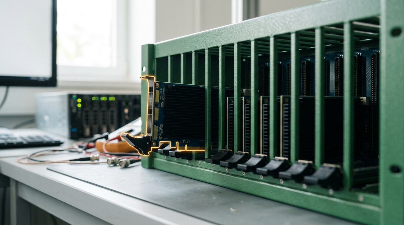 A wide feature-encoder card cage with most of its slots empty and a scatter of slim mezzanine cards seated among them, one more card caught only half-driven into its slot with its ejector lever still open