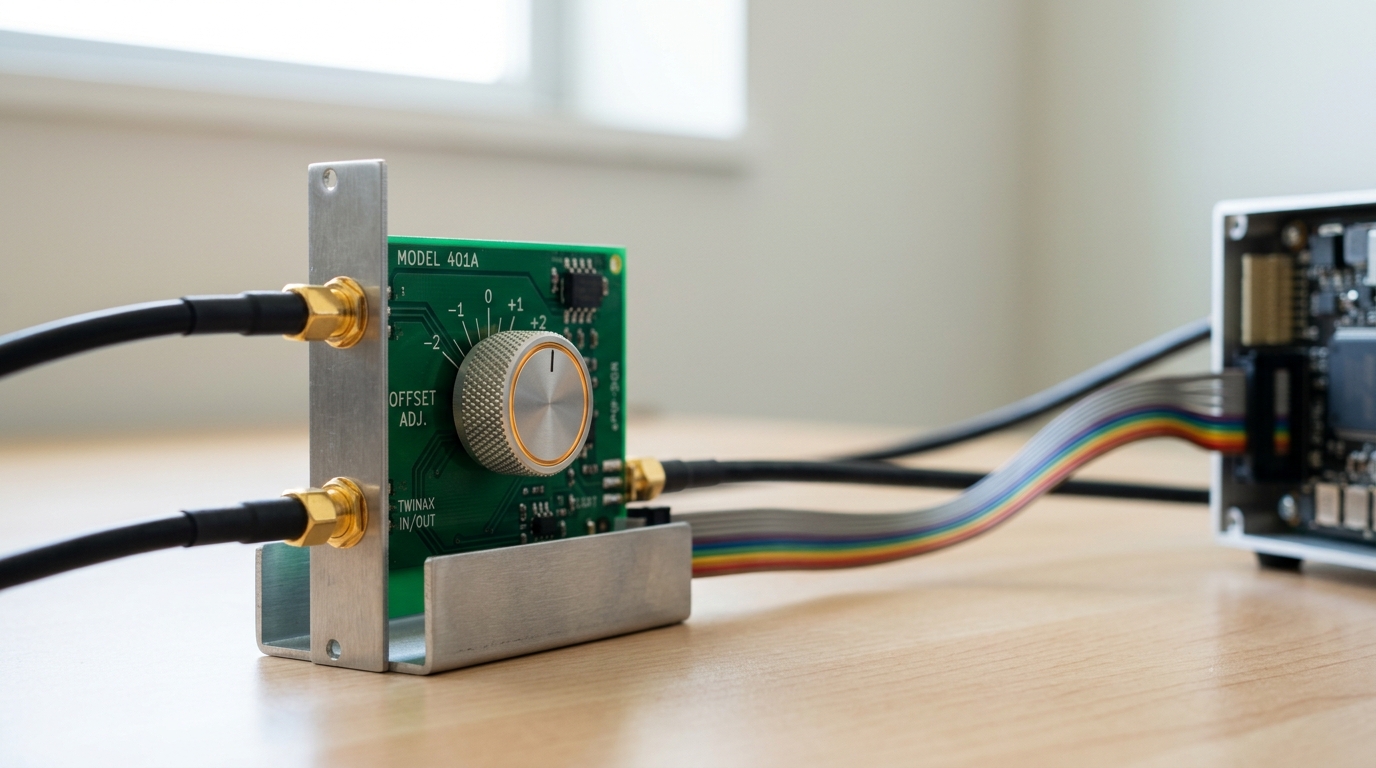 An inline bus interposer card added across a signal path on its own small chassis, its calibrated offset dial caught mid-turn with the indicator needle swinging between two etched marks