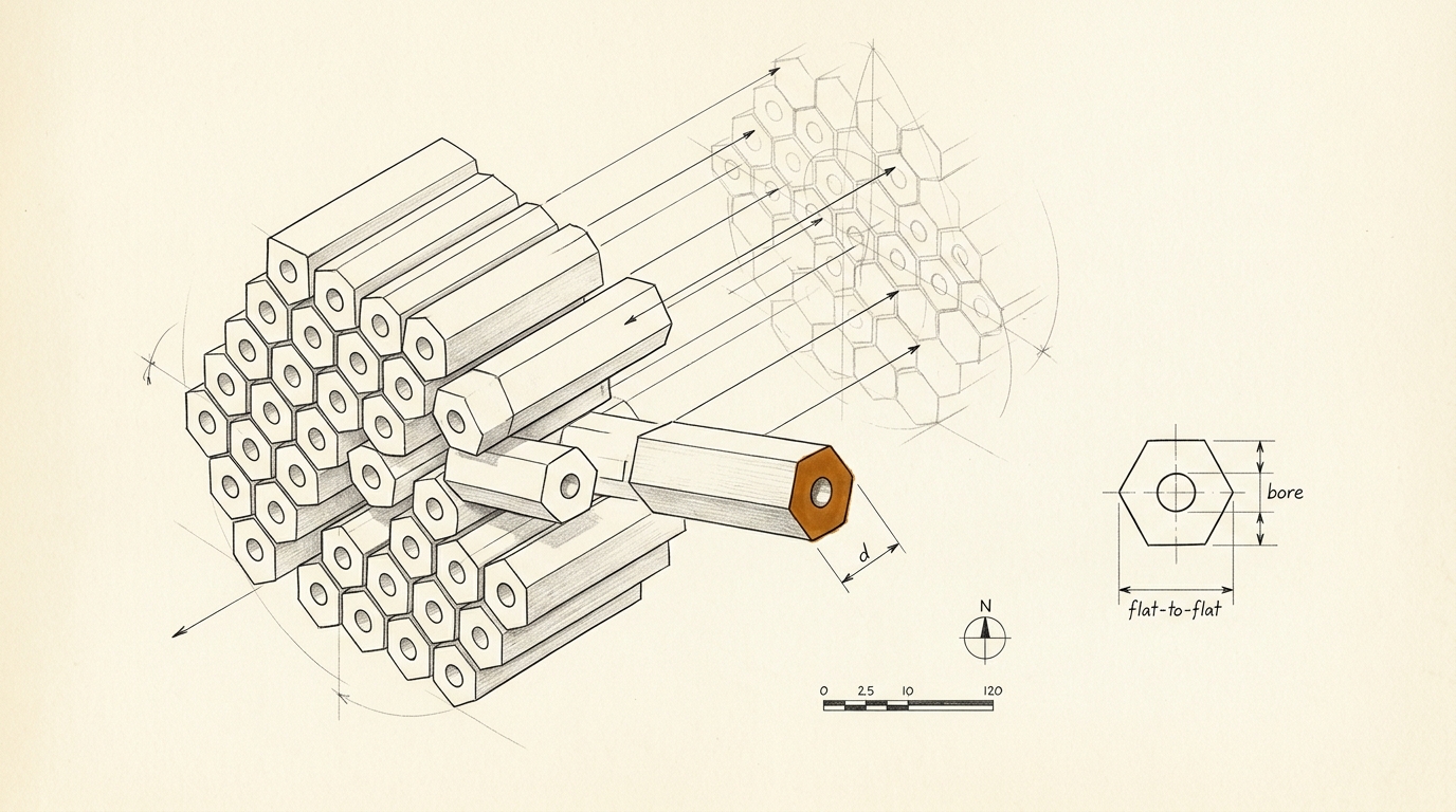 An ink axonometric drawing on cream vellum of hexagonal ceramic fuel tubes: a cluster pulled outward on lead lines to show their interlocking honeycomb packing and central air bores, one tube's cut face washed in ochre orange, with dimension lines giving its width and bore diameter, and a fainter unfinished pencil array of the full packed core behind it.