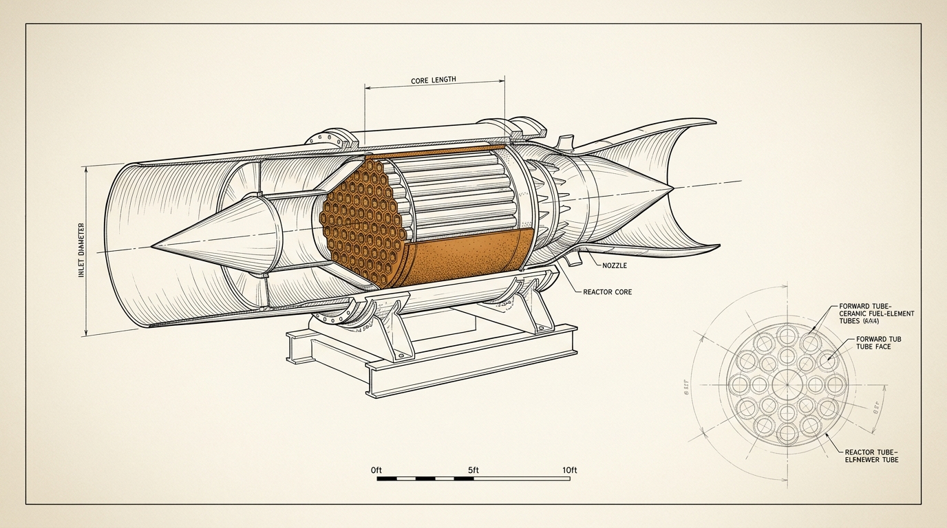 A long ink cutaway drawing on cream vellum showing a missile-shaped ramjet split open lengthwise, its inlet cone at left, a hexagonal ceramic reactor core with its section-cut face washed in ochre orange sitting where a combustor would go, and a nozzle at right, with a smaller unfinished pencil sketch of the core face in the corner.