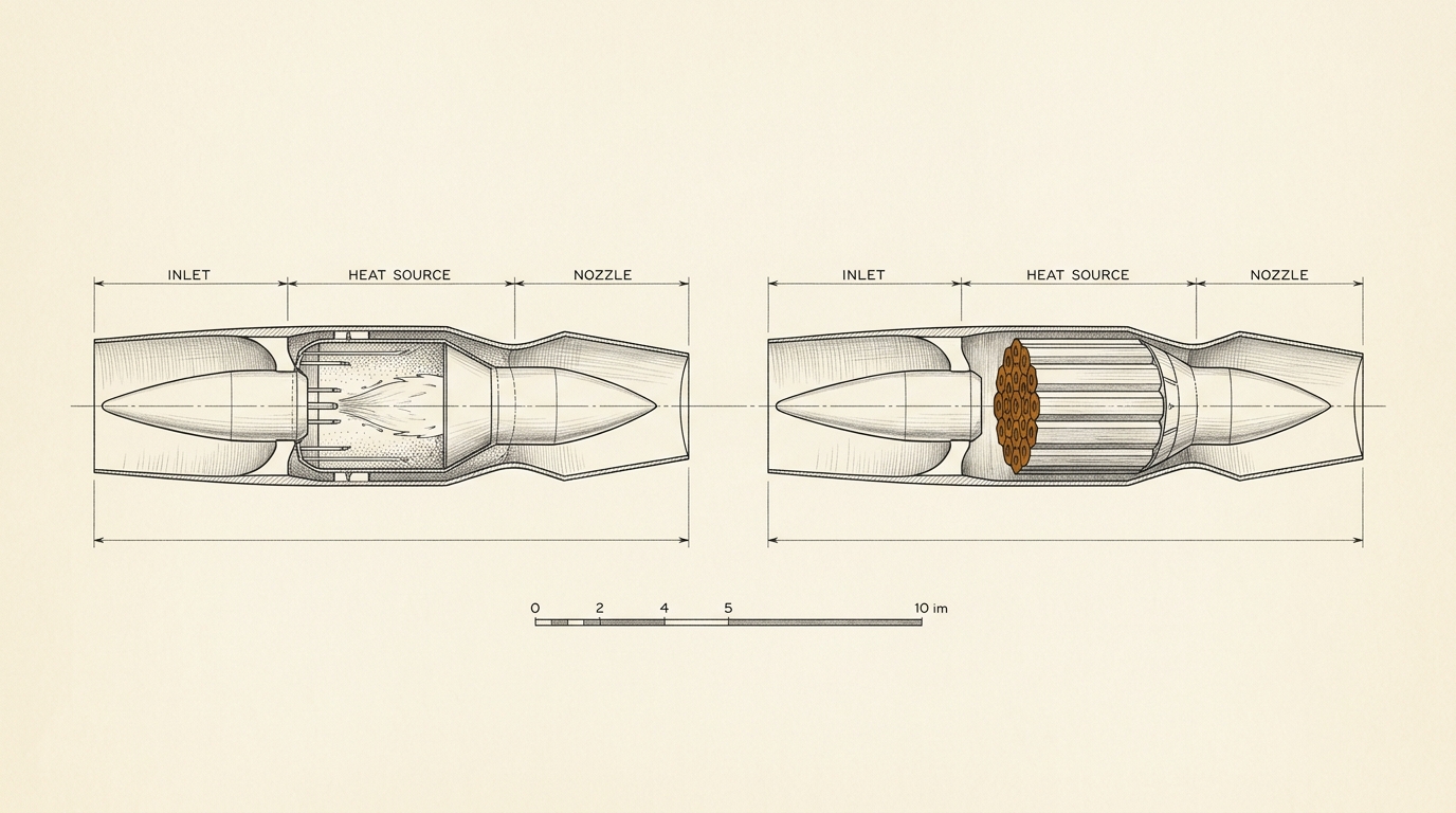 A two-up ink comparison drawing on cream vellum: a conventional ramjet and the nuclear ramjet drawn in profile section side by side to the same scale, identical inlets and nozzles, differing only at the heat source in the centre — a flame-holding combustor on the left, an ochre-washed ceramic reactor core on the right.