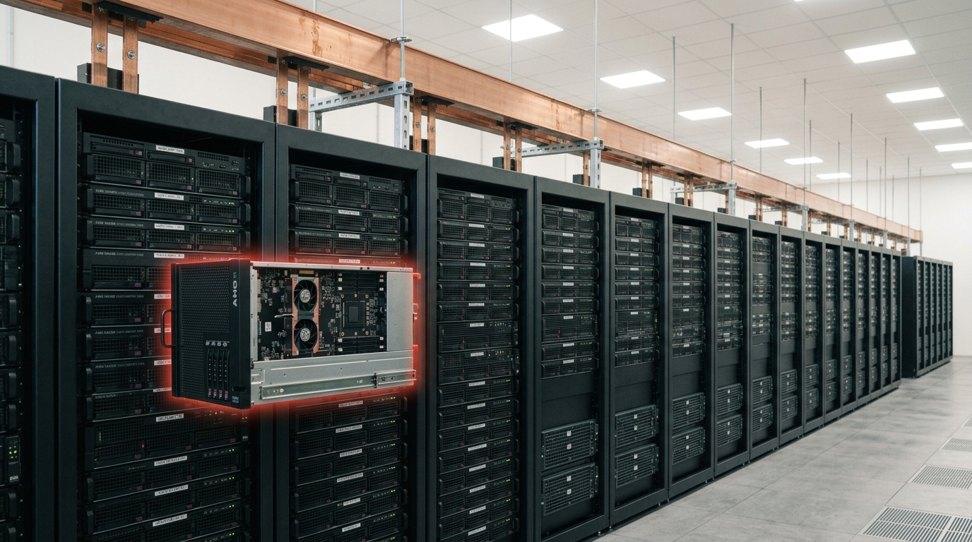A shared design workstation in a bright lab with a schematic view caught mid-scroll, transitioning between a mobile-chip layout and a datacenter-card layout on the same screen