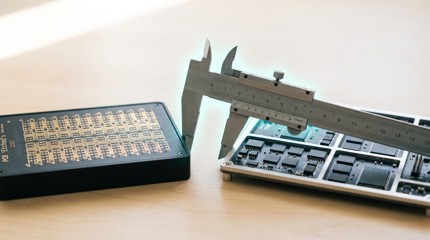 A small mobile chip package on one side of a bright bench and a much larger datacenter inference accelerator card on the other, a measuring caliper caught spanning the size difference between them