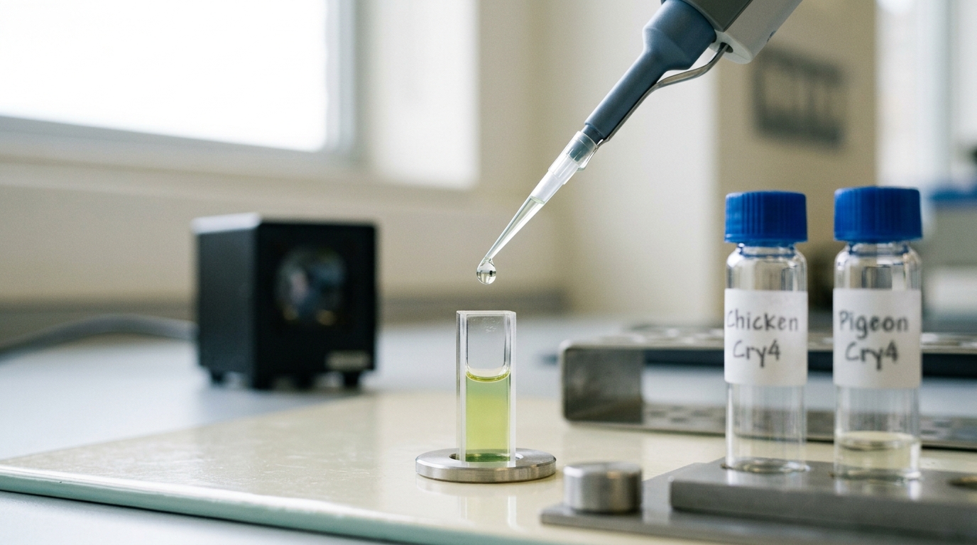 A pipette tip withdrawing from a small cuvette of purified robin cryptochrome-4 protein, a droplet still hanging from its point, with chicken and pigeon cryptochrome comparison vials queued behind on a sample-prep bench