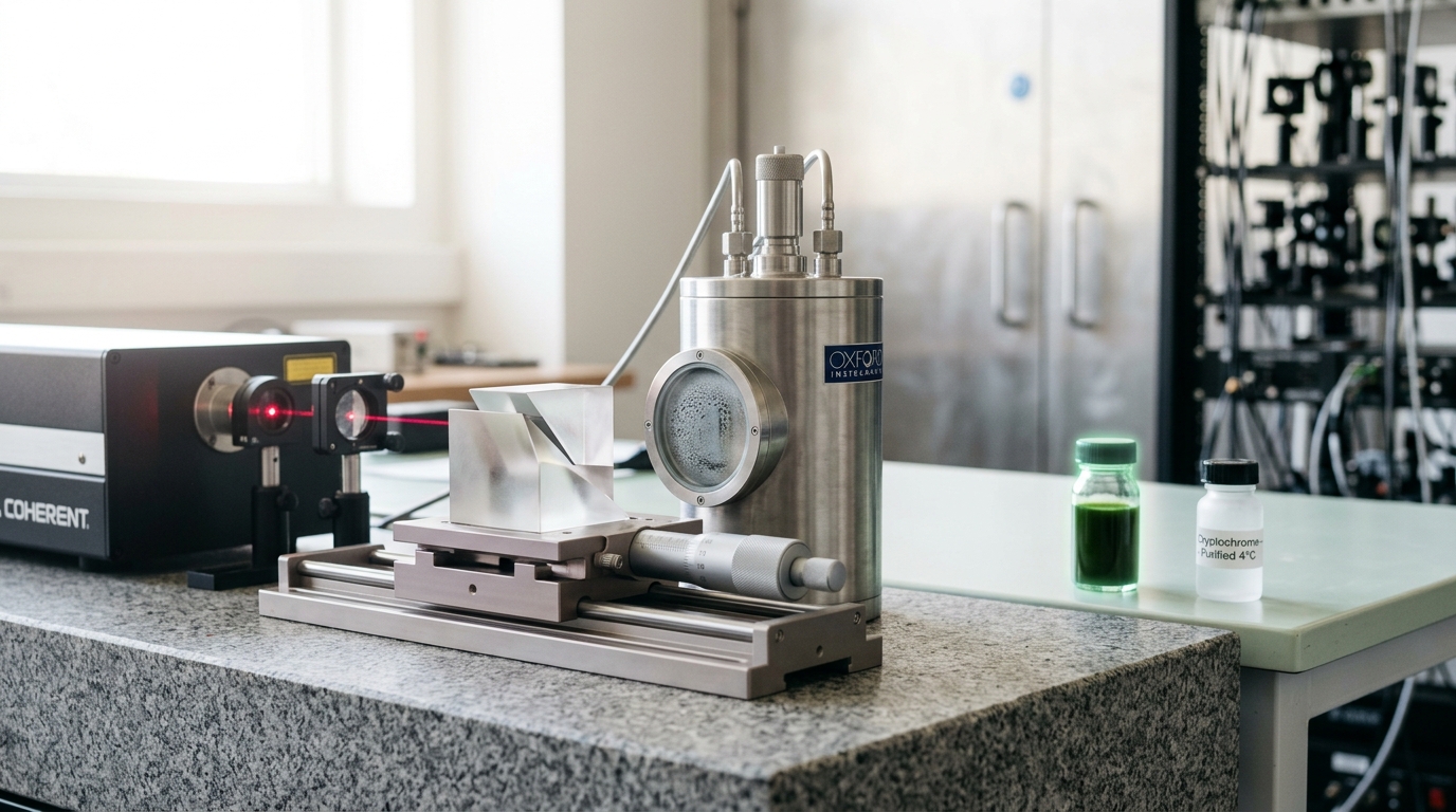 A femtosecond laser table's prism-pair pulse compressor caught mid-slide beside a helium-flow cryostat whose sapphire window still carries a thin fog of condensation, with a deep-green spinach-leaf chlorophyll extract vial and a smaller cryptochrome protein vial queued on the bench behind