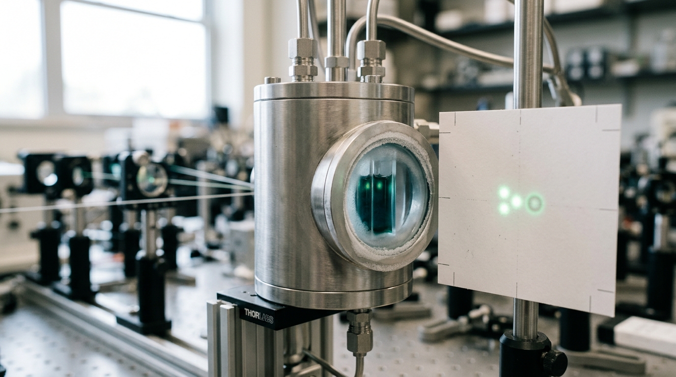 The FMO pigment-protein sample chamber inside a cryostat mid-exposure to three femtosecond pump pulses, a fourth faint photon-echo spot just separating out on a detector card downstream while frost creeps across the outer window