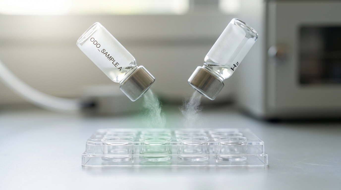 Two small odorant vials, one plainly labelled and one carrying a faint deuterium tag turned mostly out of view, decanted in parallel into adjacent wells of a receptor-assay plate as a fine mist still settles