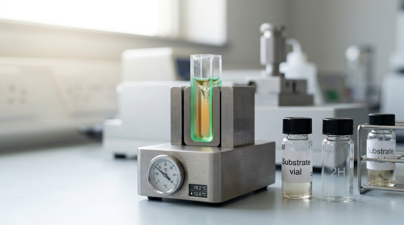 A temperature-controlled cuvette holder mid-ramp toward a colder setpoint, its enzyme reaction cuvette showing an unfinished colour change, with a plain substrate vial and its deuterium-labelled twin standing ready beside it