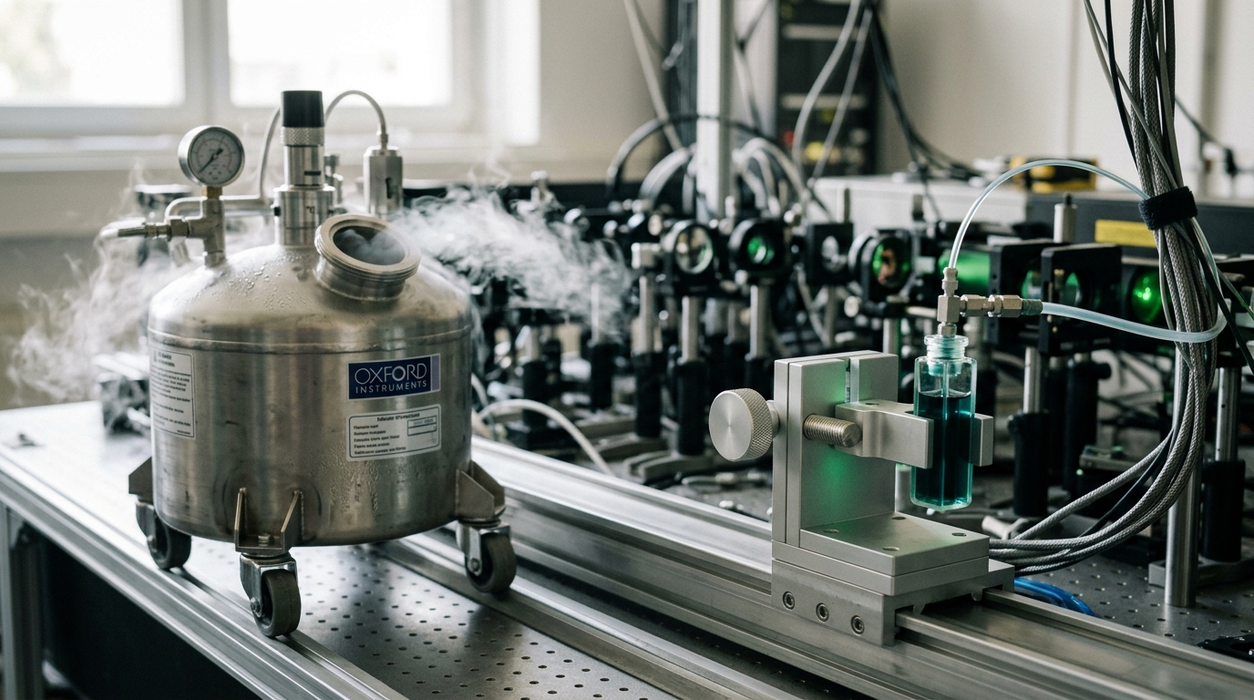 A cryostat dewar rolled back off an optics beamline, still trailing a wisp of boil-off vapour, while a room-temperature flow cuvette of the same pigment-protein solution swings into its place with its clamp only half closed