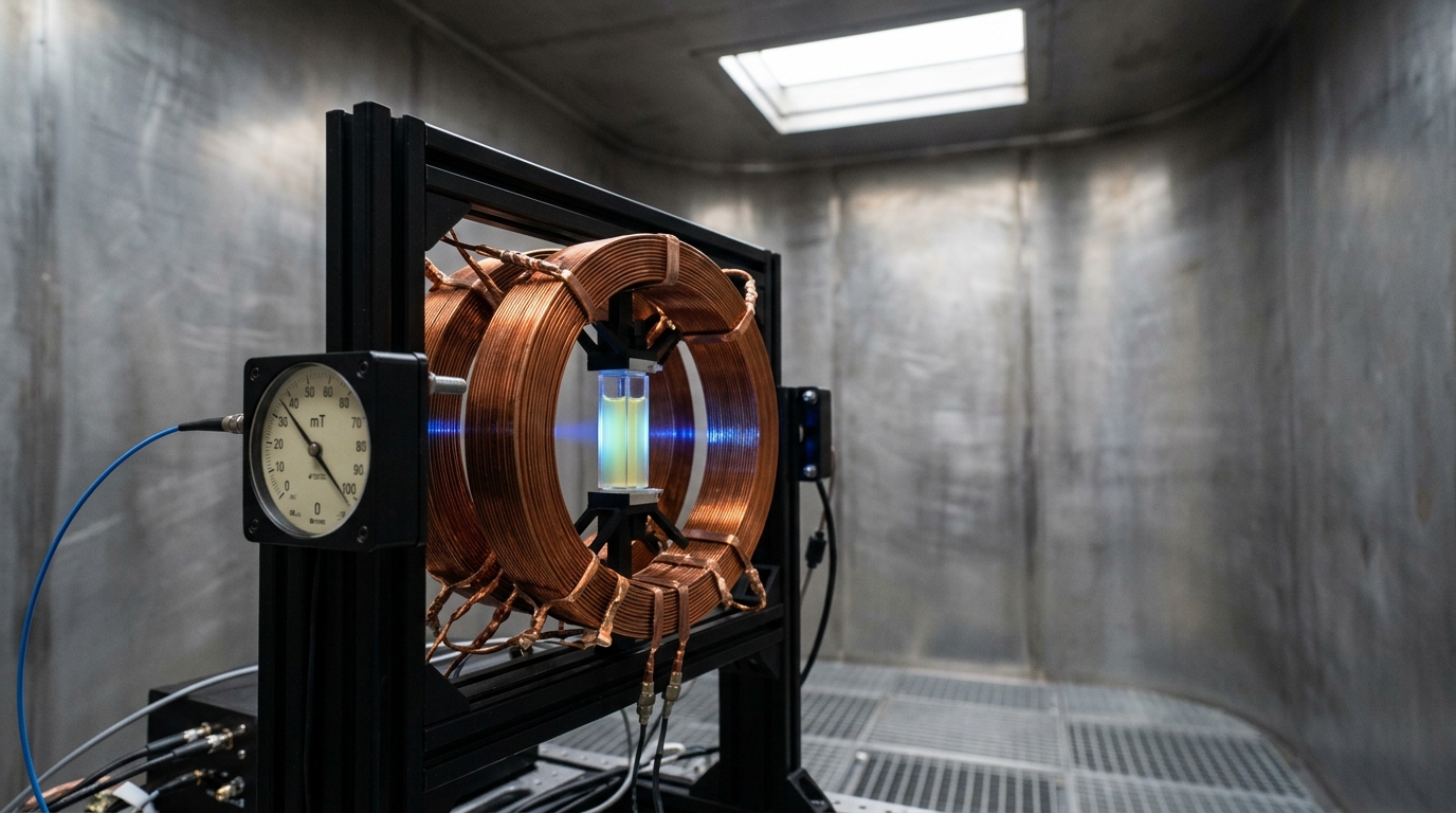 Inside a mu-metal magnetically shielded room, a Helmholtz coil pair around a small photolysis cell holding a flavoprotein solution that has just begun to shift colour under blue excitation light, a field-sweep needle still travelling on its dial