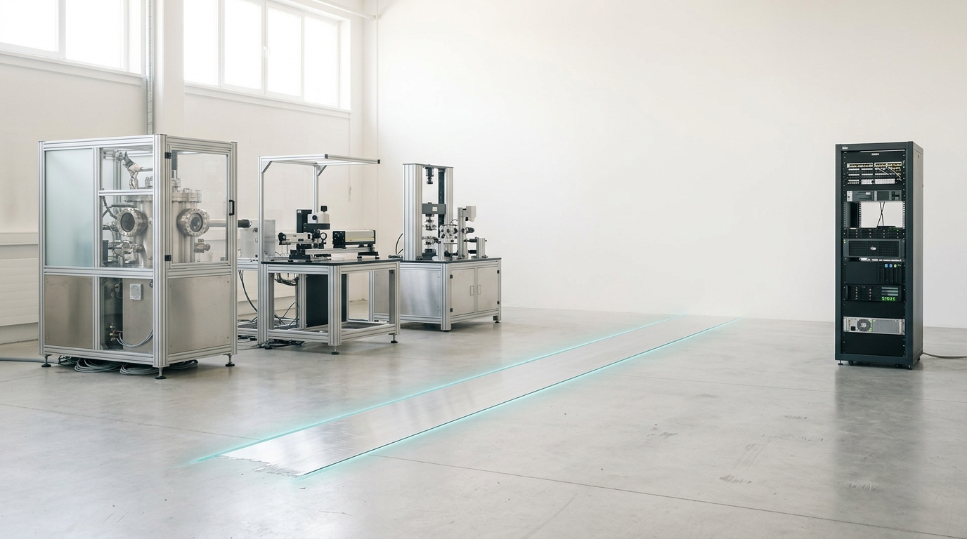 Three distinct quantum-hardware apparatus stations in bright daylight, positioned in a deliberate cluster with visible open space separating them from a fourth, different classical-GPU rack station, a floor marking caught being painted to indicate the separation rather than a rivalry