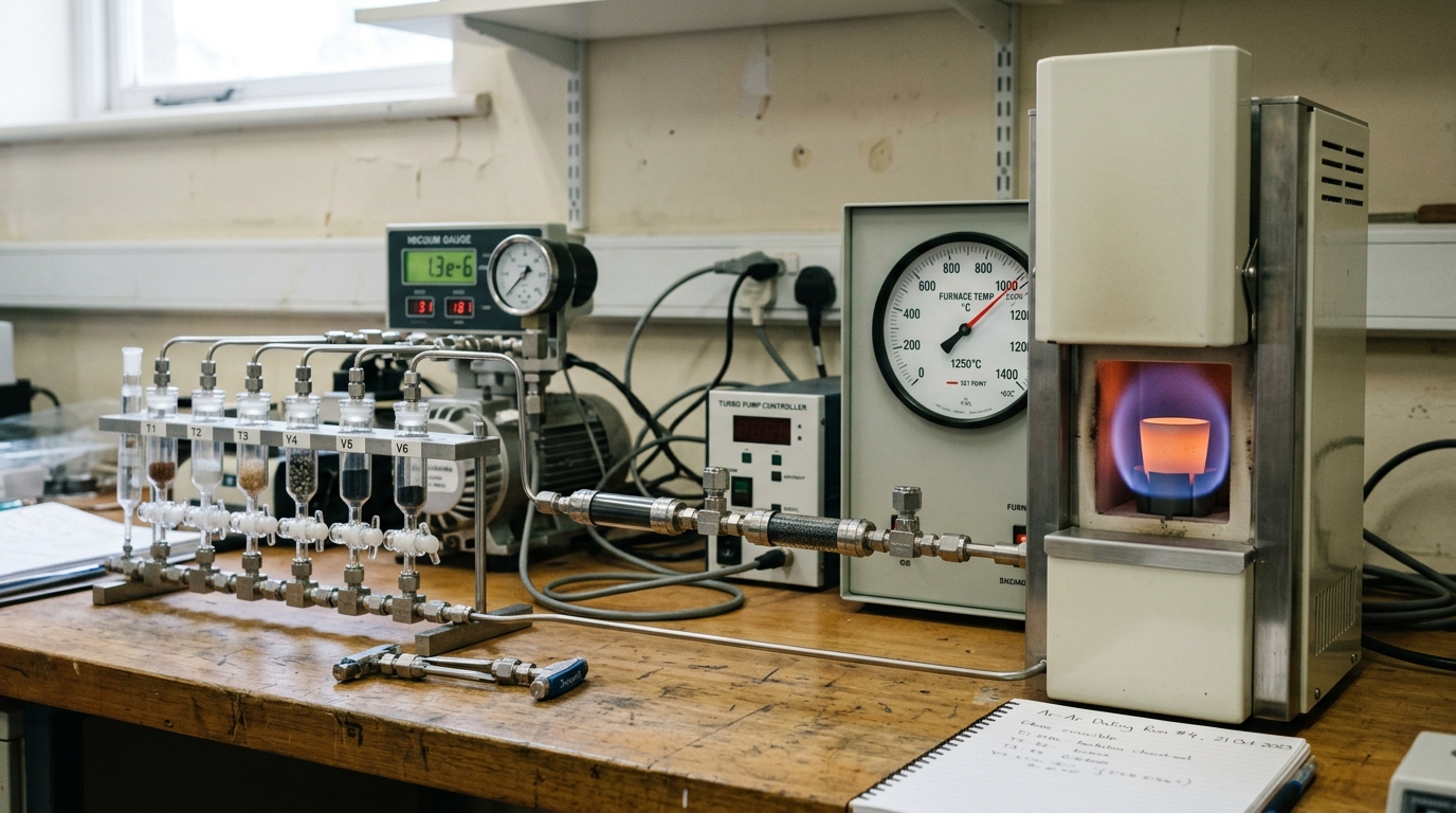 A resistance-furnace gas-extraction line for step-heating argon dating, the sample crucible glowing faint dull orange at one heating step while the temperature dial behind it is still climbing toward the next