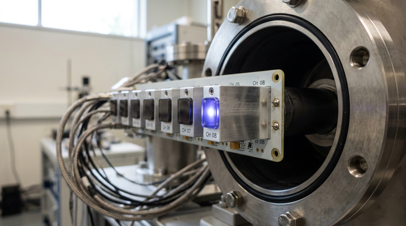 An ion-counting detector at the end of a mass spectrometer's flight tube, its amplifier indicator lit mid-pulse as one ion strikes the collector while the neighboring channel sits dark and waiting