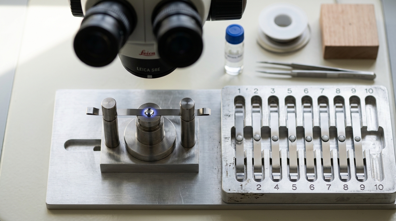A thermal-ionization mass spectrometer filament-loading bench under a binocular scope, one rhenium ribbon holding a freshly loaded sample bead still wet while a rack of finished filaments sits beside an empty slot