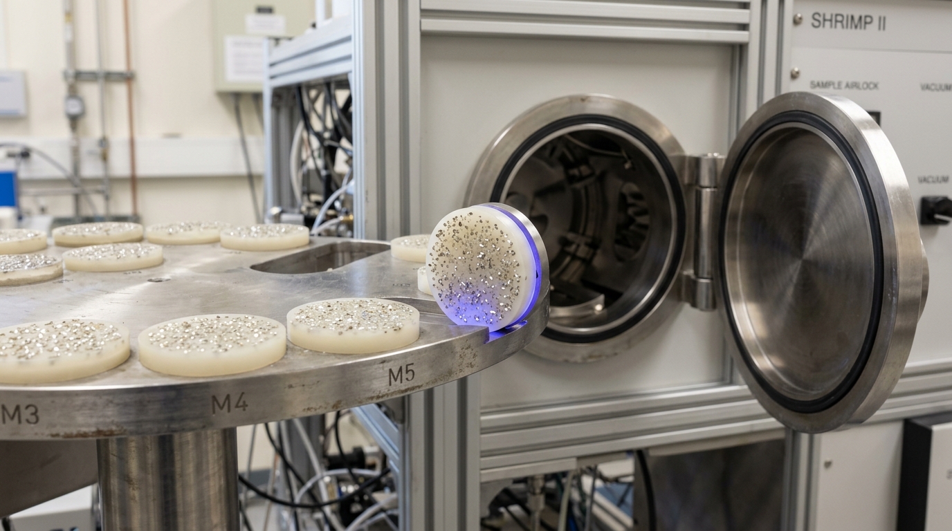 A SHRIMP sample airlock's carousel holding several round epoxy mounts, each embedded with zircon grains from a different volcanic ash bed, one mount still sliding into its slot as the chamber door stands open