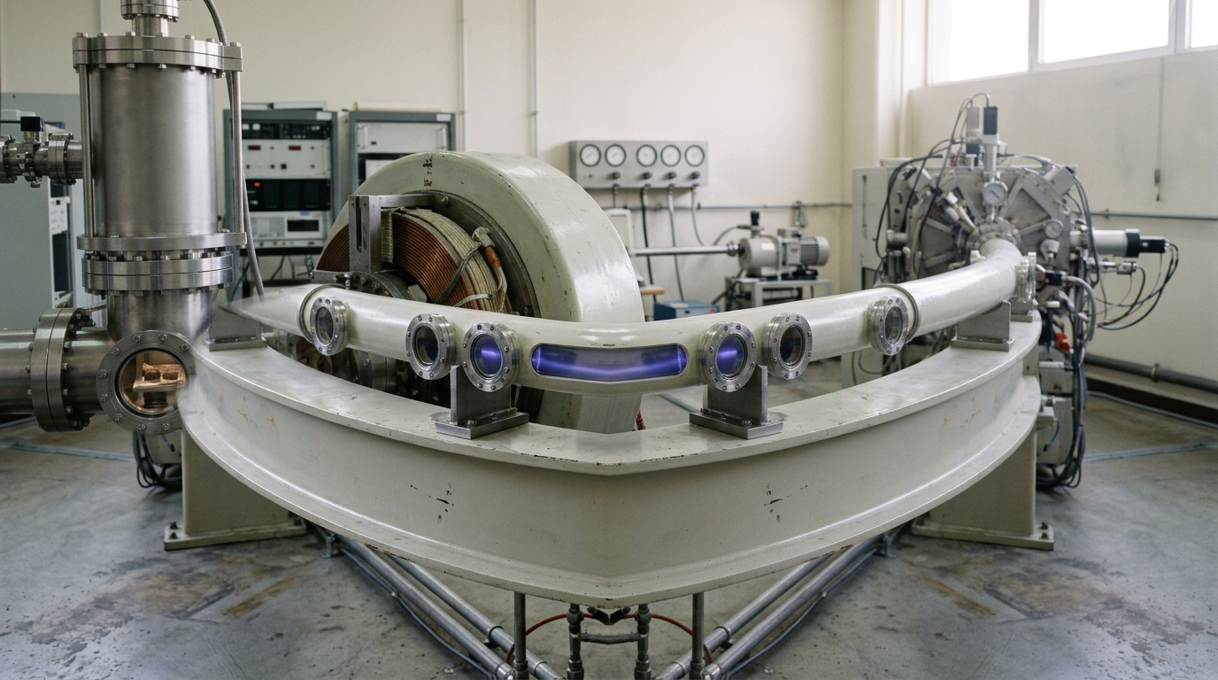The magnet arm of a SHRIMP ion microprobe caught mid-swing over its sample chamber, the collector housing beyond it catching a faint glow at the point where one isotope beam is being separated from its neighbors