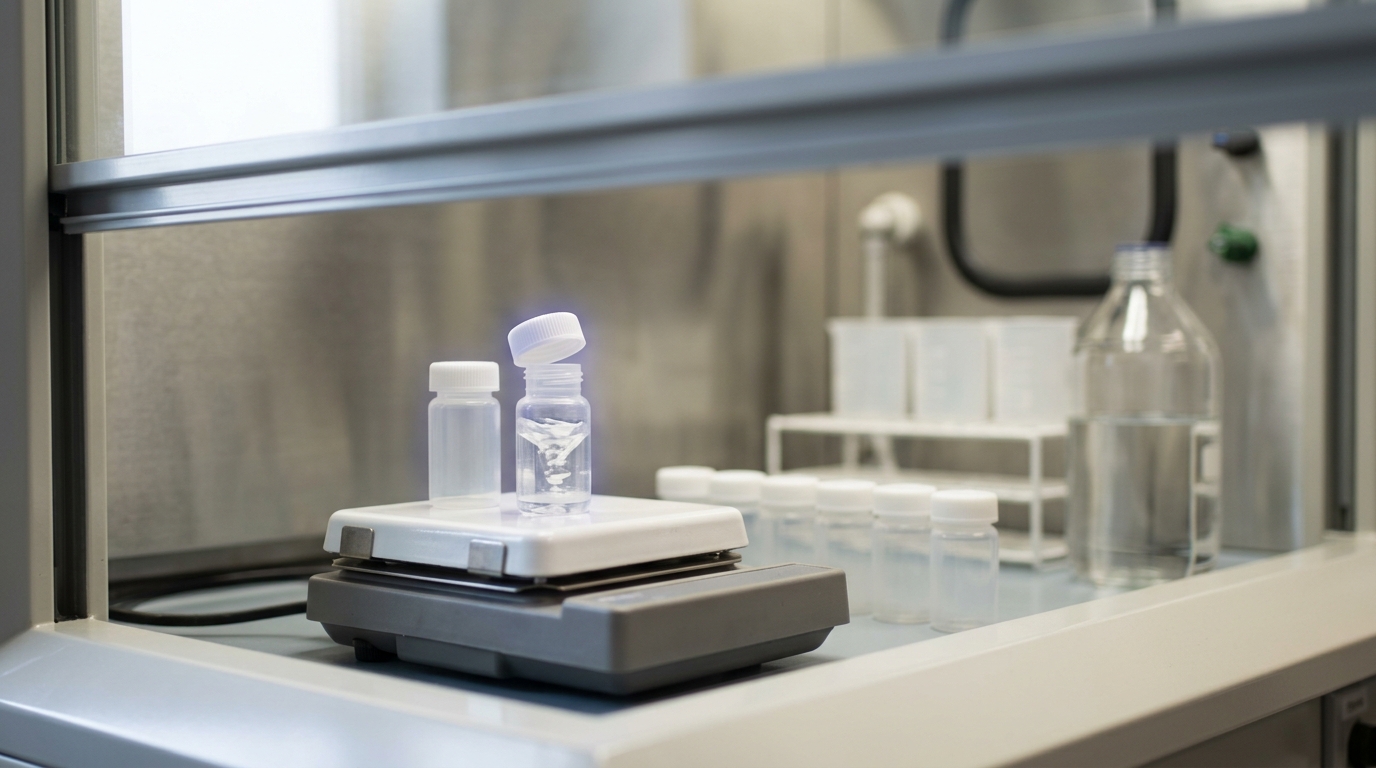 A row of small Teflon digestion vials on a hotplate inside a clean-lab fume hood, one vial's cap lifted a finger's width and still turning while the acid inside is caught mid-swirl