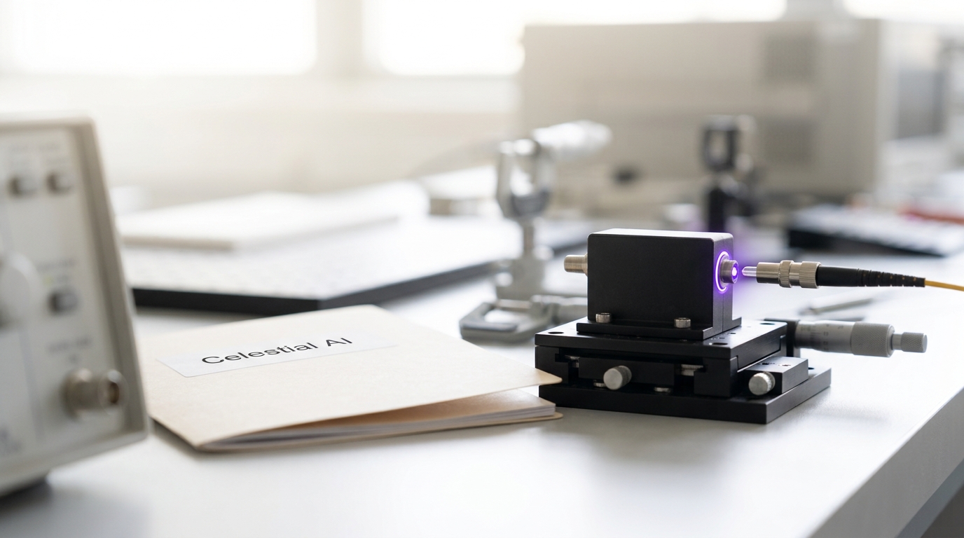 An analog compute test chip on a bright bench with a probe caught reading a continuously varying signal on an oscilloscope-style display, rather than the sharp on-off pulses a digital chip would produce