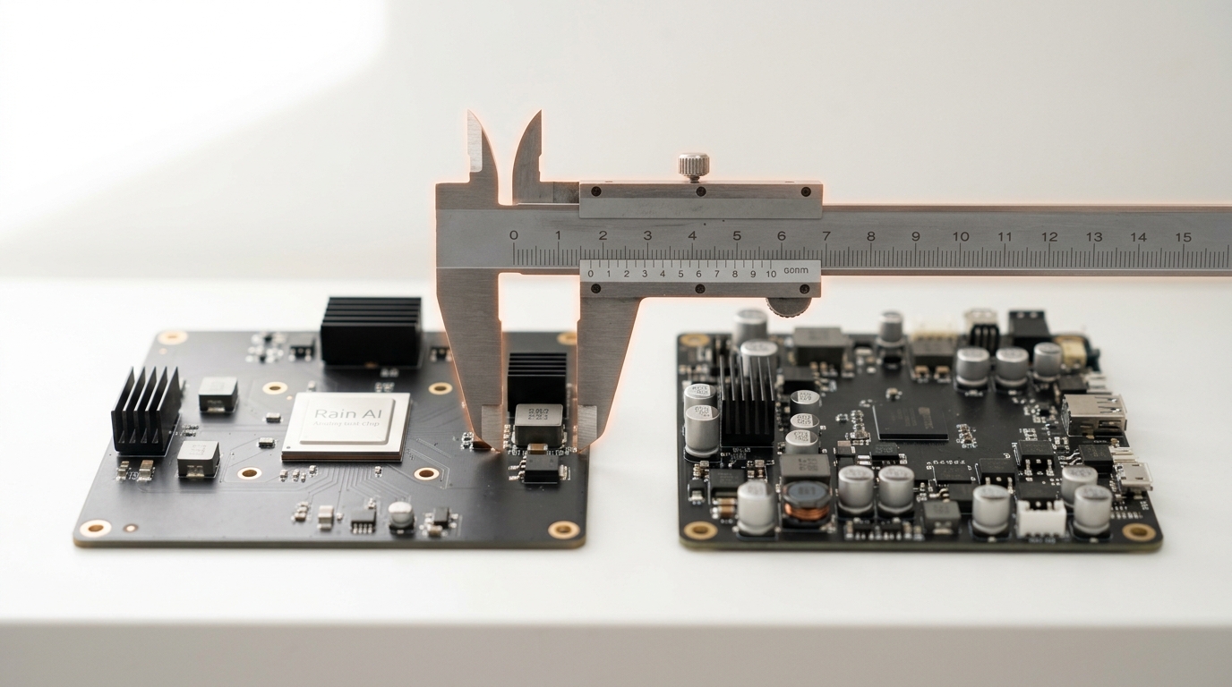 A conventional digital accelerator board on a bright shelf beside Rain AI's analog test chip, a caliper caught comparing their relative power-supply componentry
