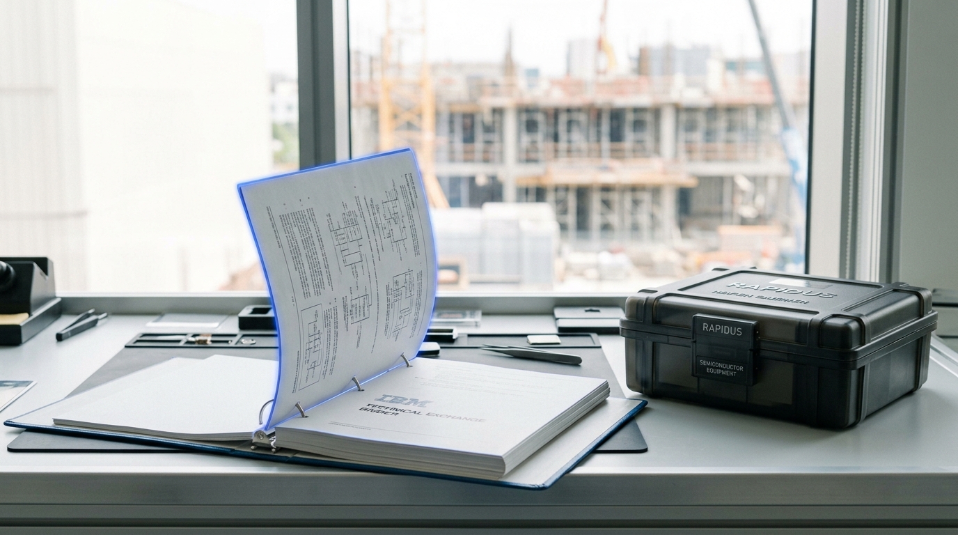 A technical exchange binder open on a bright fab bench, its cover carrying a small IBM maker's mark, a page caught mid-turn beside a Rapidus wafer carrier