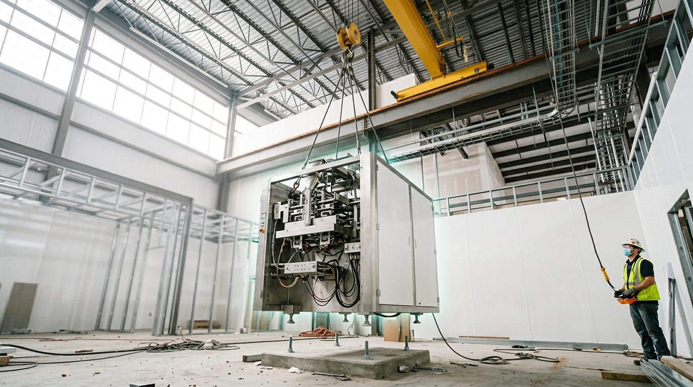 A gate-all-around test transistor structure magnified on an inspection stage in a bright pilot fab, a probe needle caught touching down on one terminal, with a construction crane visible through the cleanroom window behind it