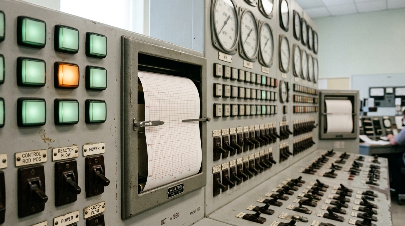 A preserved 1960s-vintage control-room panel with rows of toggle switches and indicator lamps lit, one pen chart recorder's stylus caught mid-stroke a few millimetres short of the current edge of its paper roll.