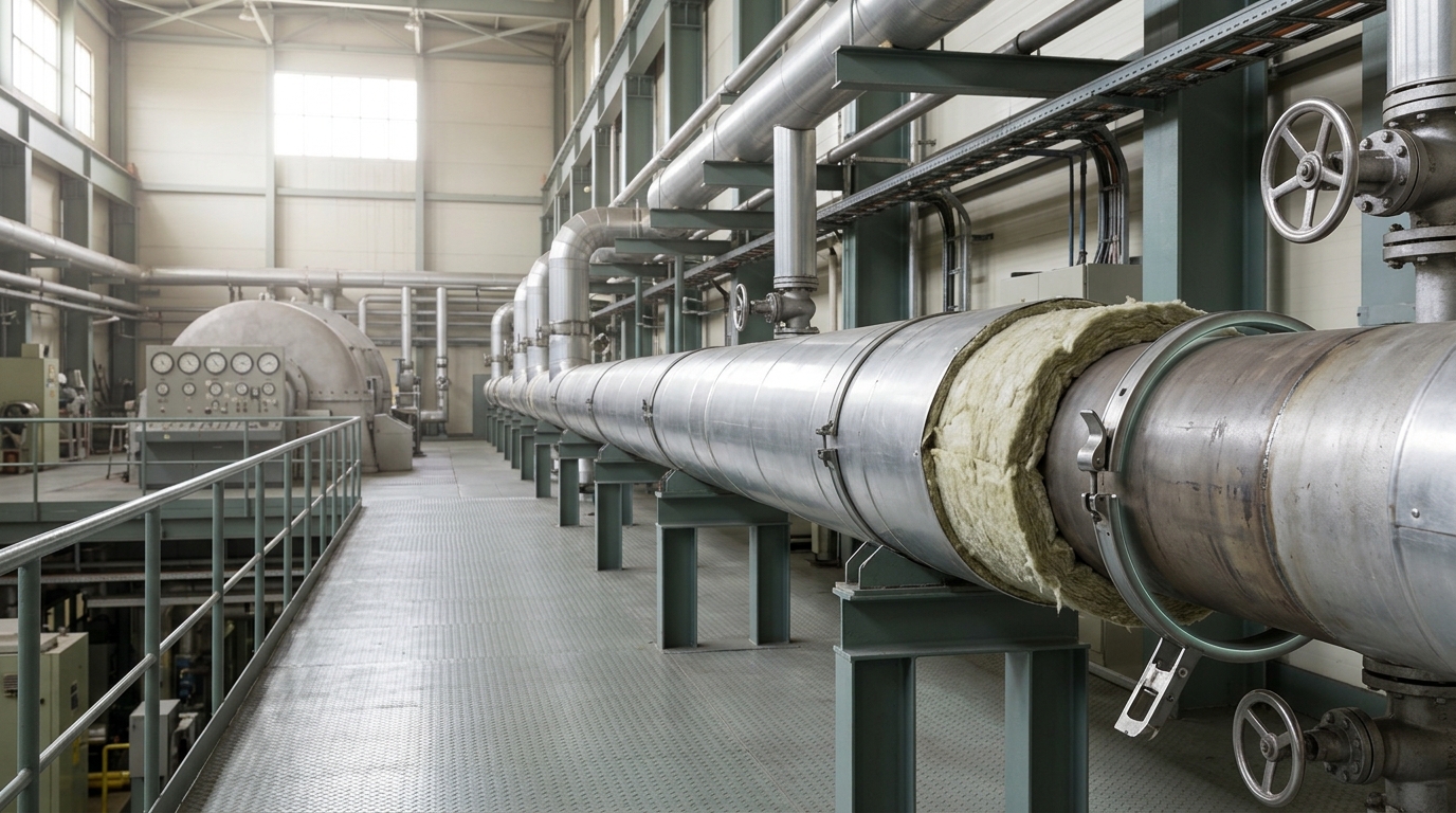 A long turbine hall deck seen down its length, the mineral-wool lagging jacket on the nearest main steam line clamped for most of its run but still open and unclamped for its last stretch, catwalk grating receding into soft light.